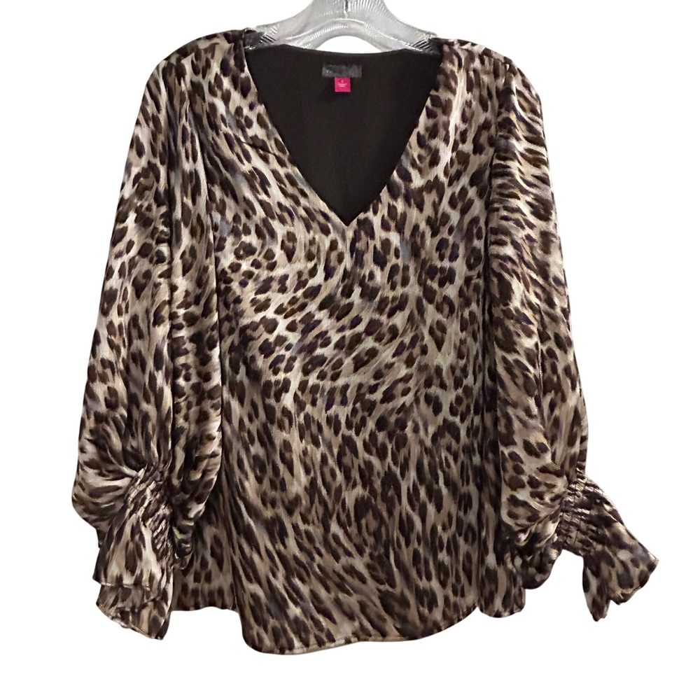 Vince Camuto Leopard Print V Neck Long Sleeve Blouse Top Women's Size S